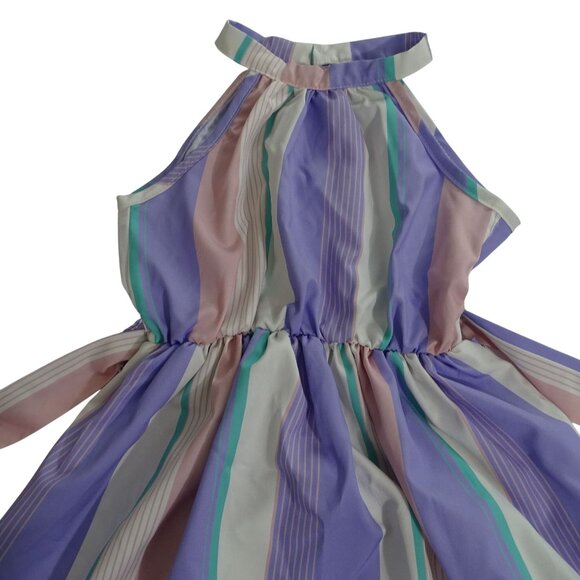 Shein Striped Dress Tie Belted Waist Girls Size 110 4-5 Yrs Purple Pink Keyhole - Picture 3 of 11